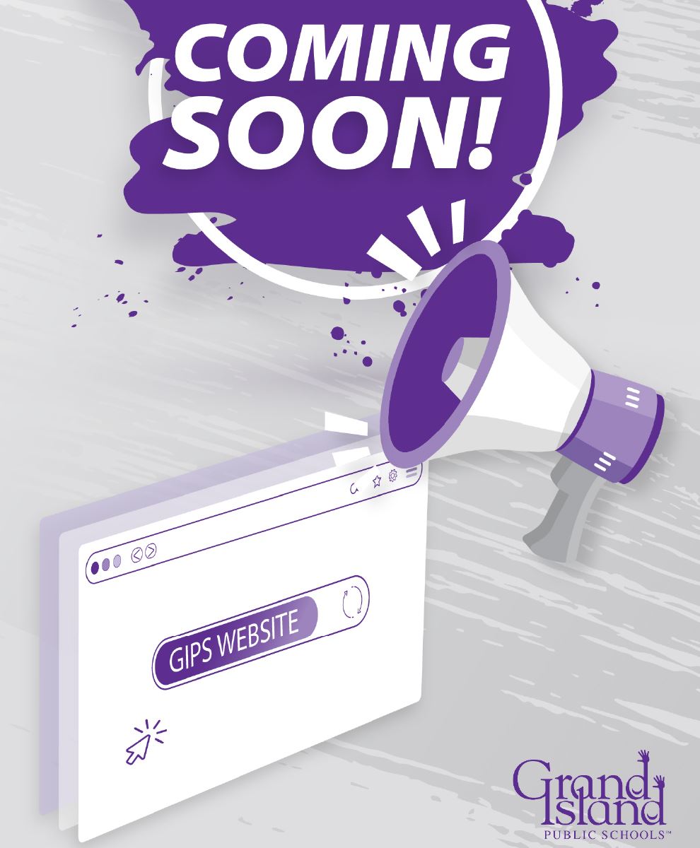   Graphic of coming soon text with webpage mockup and megaphone